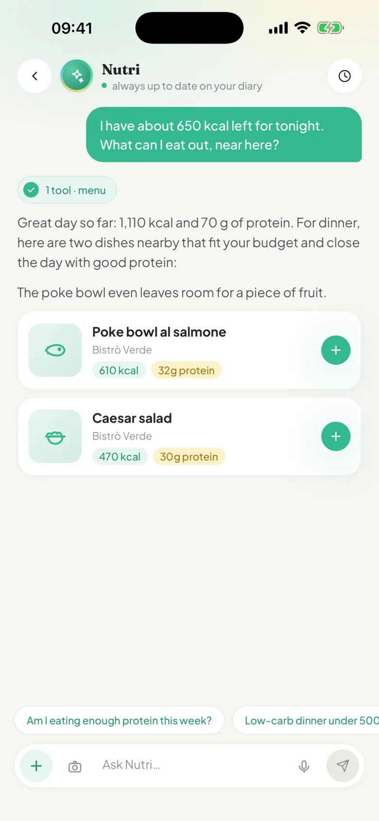 Nutri AI nutritionist chat answering a question about a meal