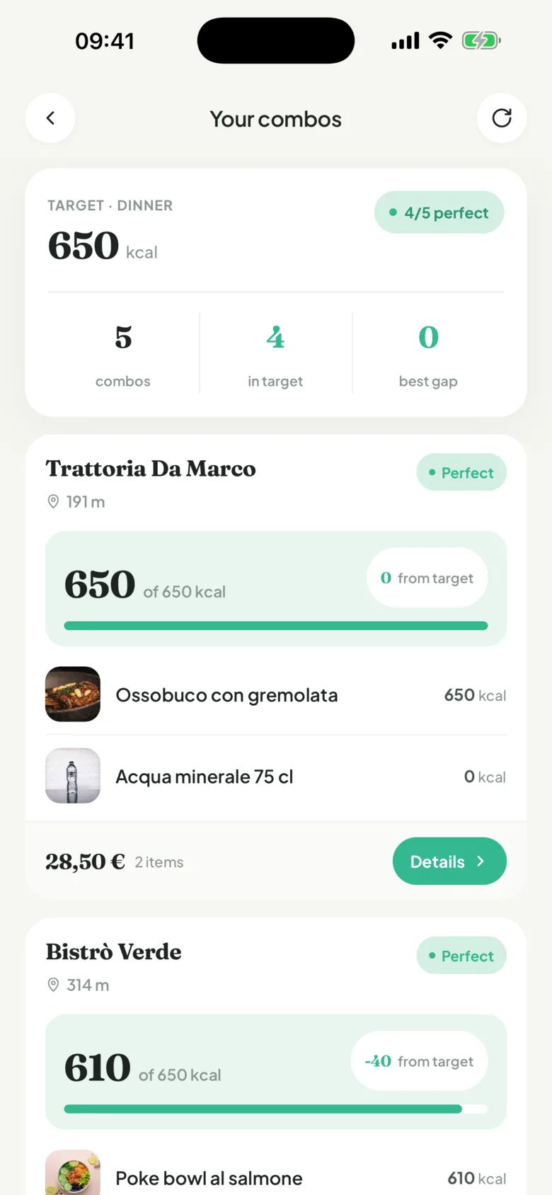 Nutri combo screen: meal combinations from nearby restaurants that fit the calorie target