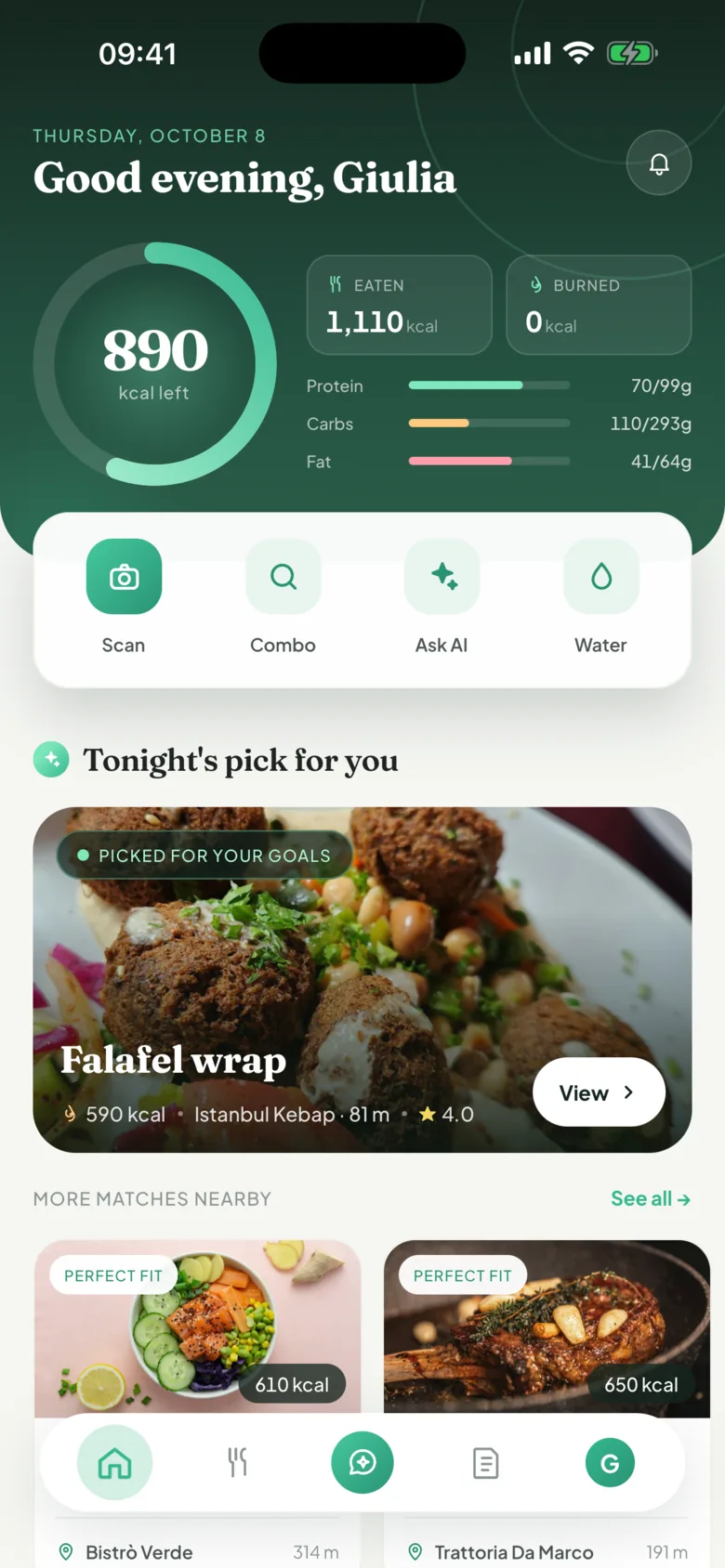 Nutri home screen: today's calorie target, logged meals and activity