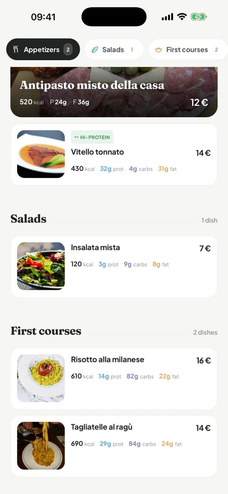 Nutri restaurant menu with calories and macros for each dish