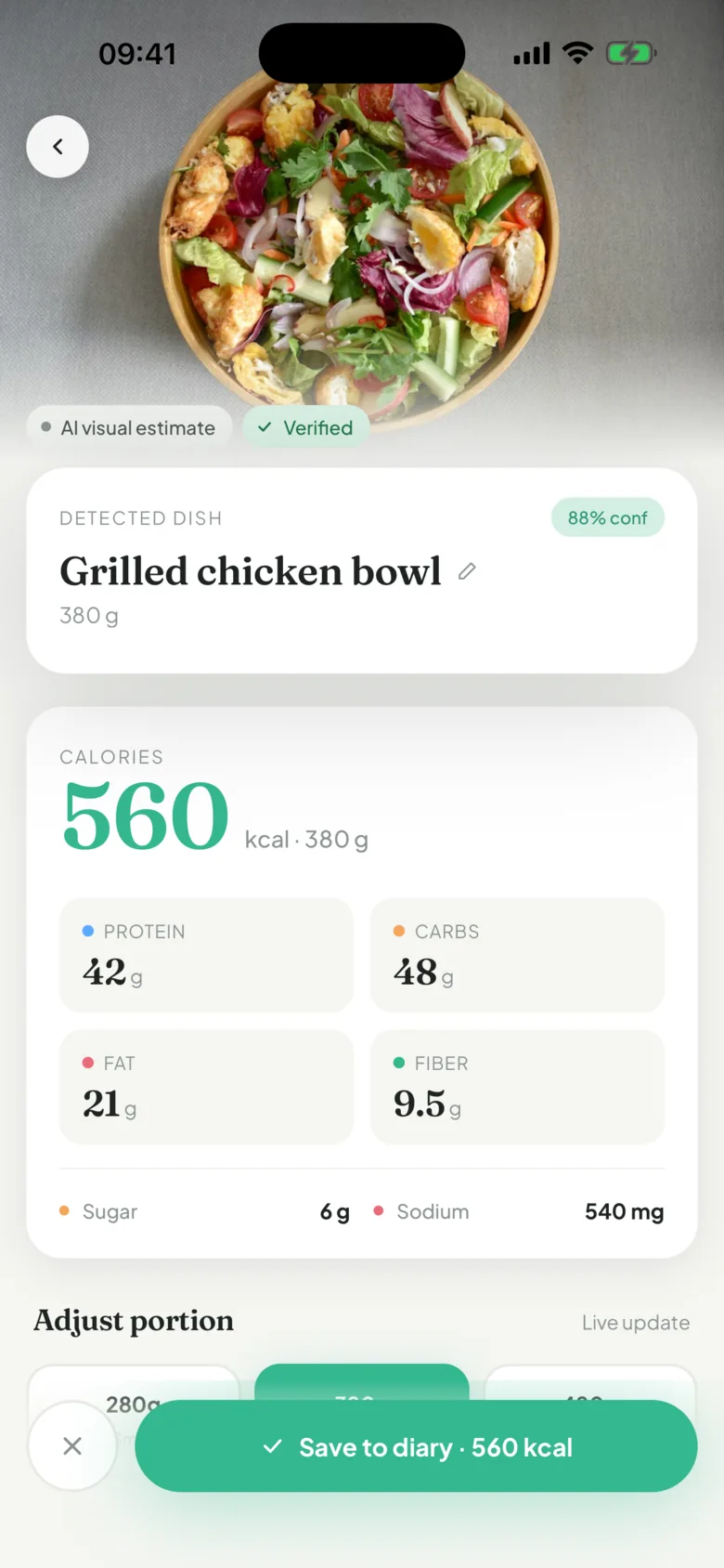 Nutri plate scan screen: a photo of a meal with its estimated calories and macros